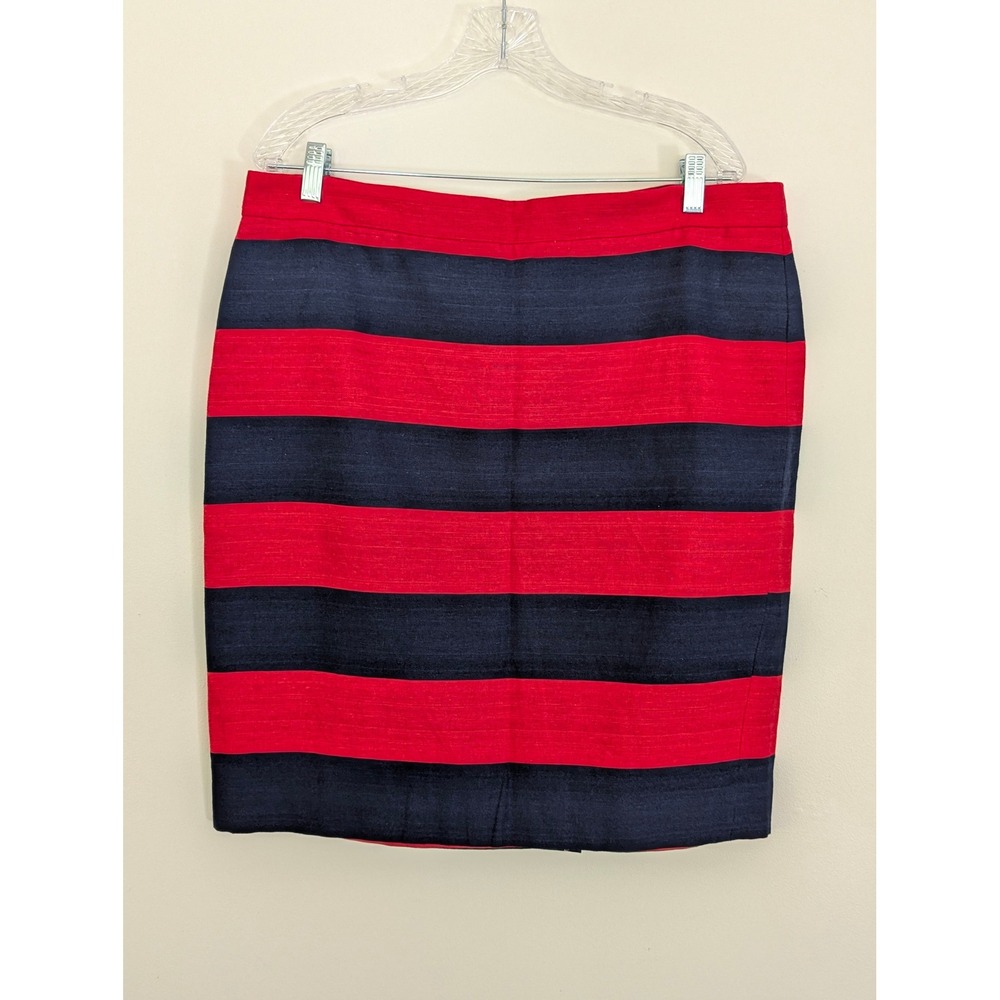 J.Crew The Pencil Skirt Women 16 Red Navy Blue NWT Striped Cotton Linen